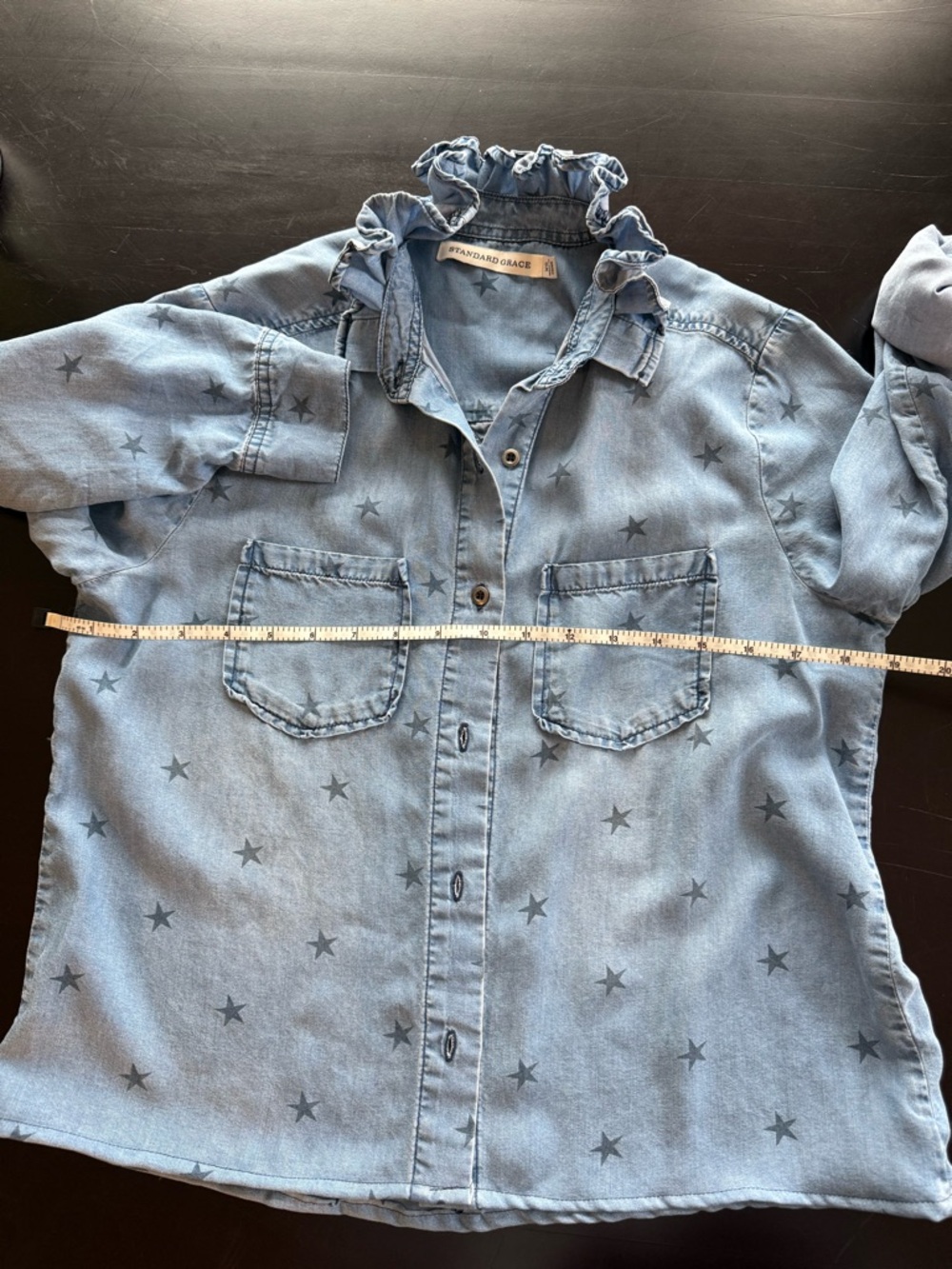 One of a kind I cycled denim shirt with ruffle collar